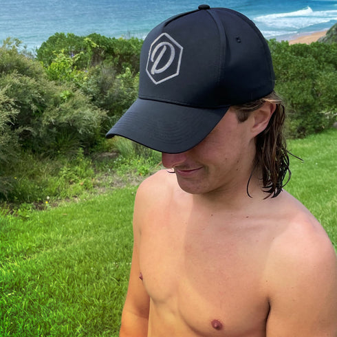 Black 5 Panel Cap with Grey Thread D&H Icon, modelled by Blake (thanks, Blake!)